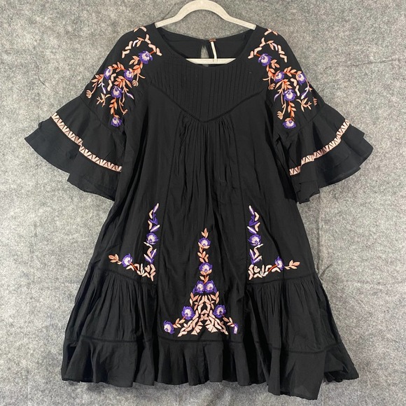 Free People Dress Medium Black Pavlo Emroidered Smock Short Sleeve A-Line Boho - Picture 3 of 13